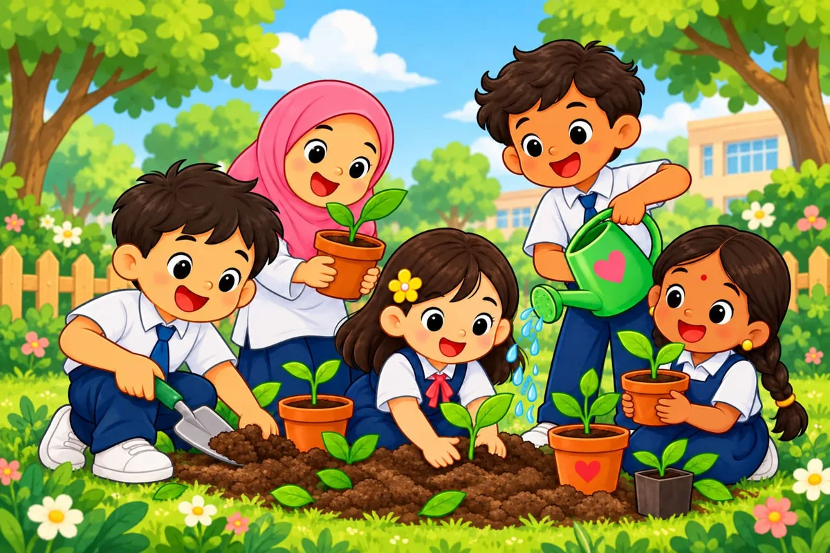 Children in school uniform planting seedlings and watering them in a garden