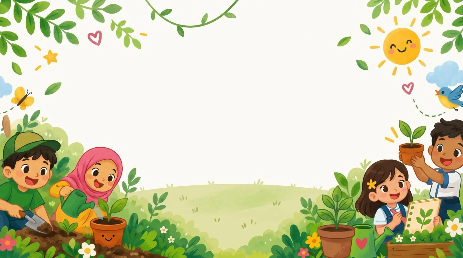 Children planting seedlings and holding up their plant journals